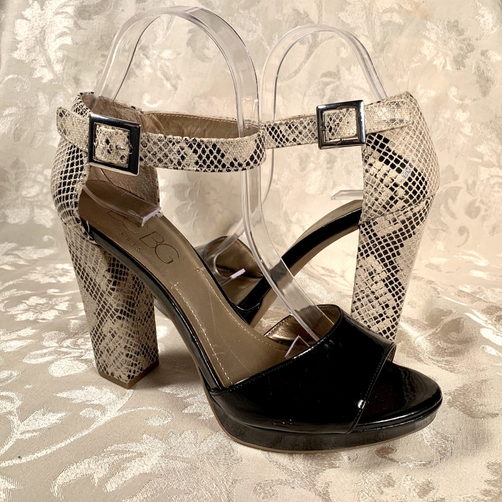 BCBG Paris Black Patent Leather Snake Print Sandal